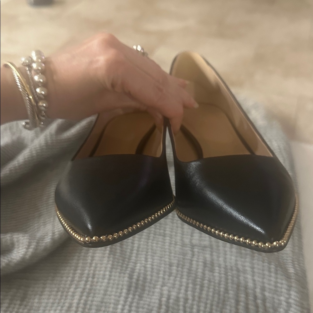 Coach Willa Black Leather Low Block Heel Pumps with Gold Beaded Trim-8.5 - Picture 11 of 11